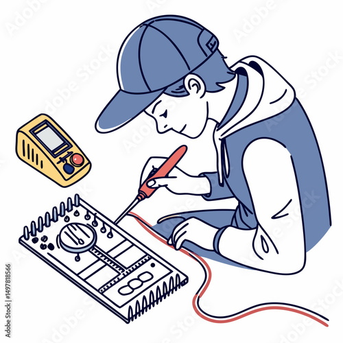 Young person soldering electronic circuit board