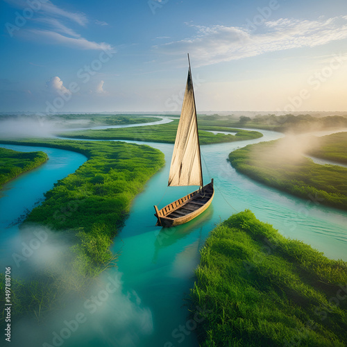 The image depicts an aerial view of a small boat in a green and blue river delta.