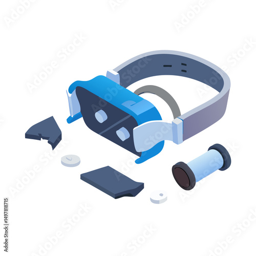Disassembled virtual reality headset parts isolated on white background