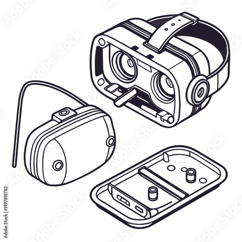 Virtual reality headset disassembled parts line art illustration