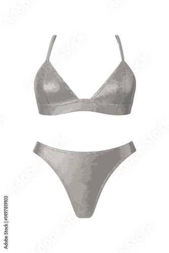 Vector illustration of a bikini with realistic silver metallic texture and elegant shine. Vector isolated on white background.