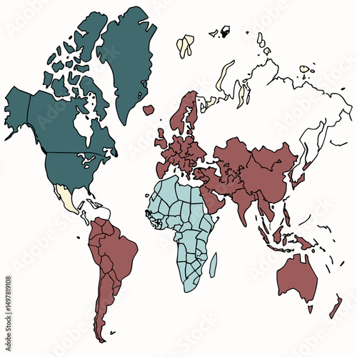 World map illustration showing three color coded regions