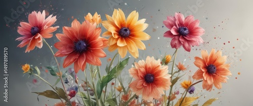 Exploding watercolor flowers, rich color palette,  painting,  colorful illustration,  background