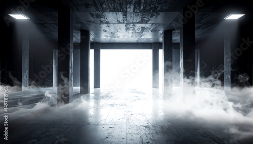 A dimly lit industrial space with fog creeping along the floor, featuring concrete pillars and bright light streaming from an open doorway