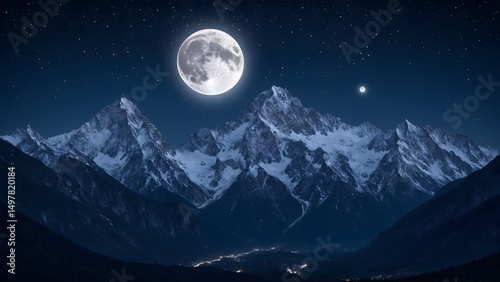Majestic Snow-Capped Mountains Under A Bright Full Moon Night Sky