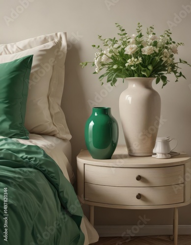 Emerald green bedding, beige nightstand, stylish vase with flowers ,  spring,  peaceful,  beautiful