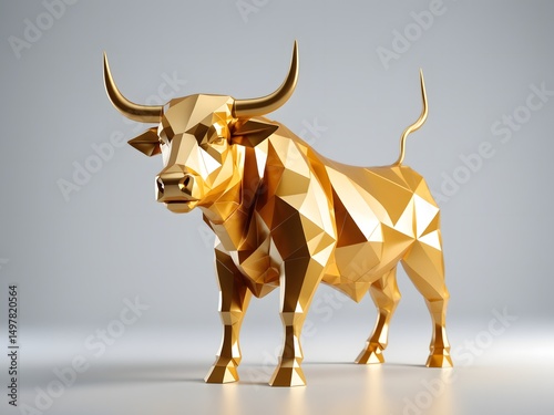 Golden Geometric Bull Sculpture in Low Poly Style for Modern Decor