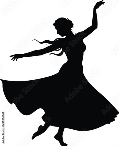 Silhouette of a graceful woman in a flowing dress dancing elegantly