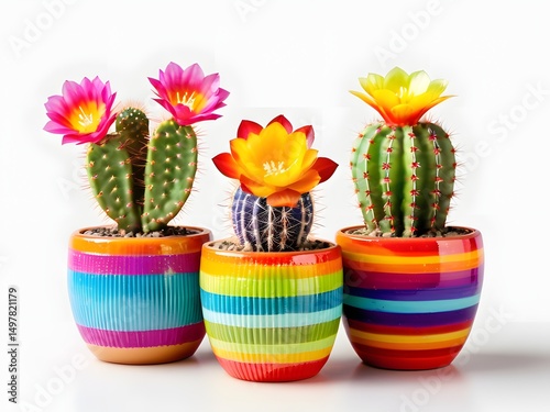 Colorful Cacti in Vibrant Pots with Bright Blossoms and Sunshine