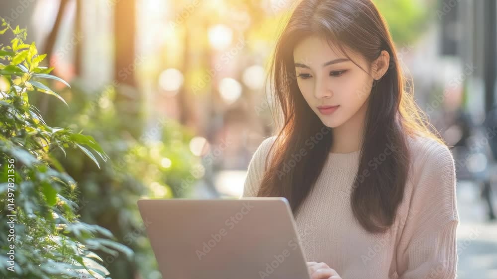 A woman sits outside, focused on her laptop