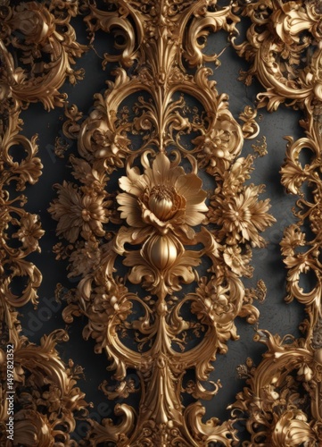 Intricate, gilded floral design, baroque style, texture, motif, elegant