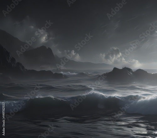 Ethereal mist rises from inky black ocean waves, soft focus , mist, black