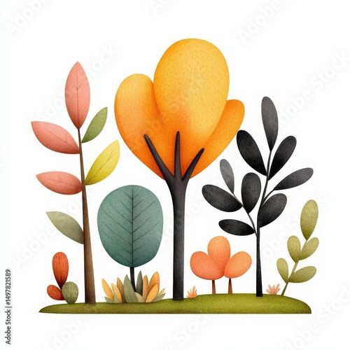 Colorful Cartoon Forest Illustration with Stylized Trees and Plants
