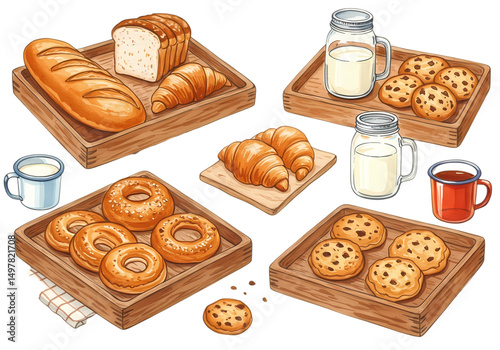 Assorted Baked Goods and Drinks on Wooden Trays
