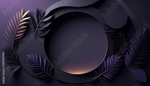 Wallpaper Mural Elegant Dark Purple Leaves with Golden Circle Frame Torontodigital.ca