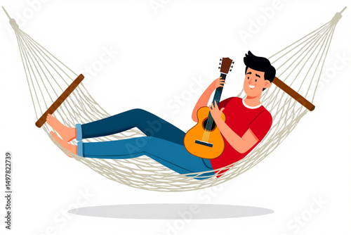 Teenage Boy Playing Guitar Lying in Hammock Outdoors Cartoon Character Vector Illustration