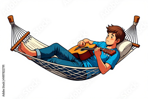  Cartoon teenager boy resting in hammock playing guitar outdoors, isolated on white background, vector art