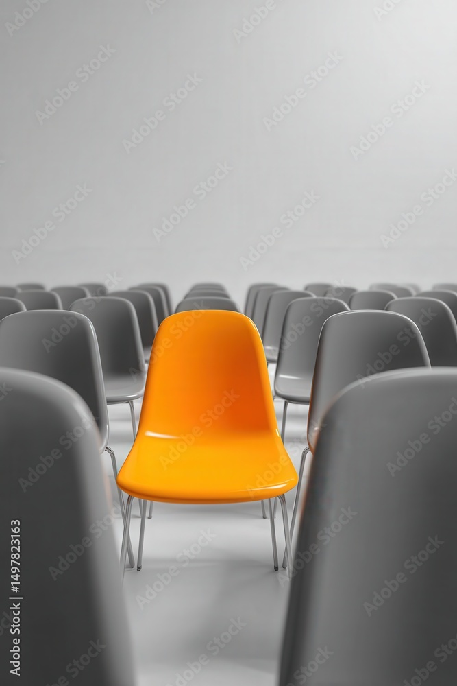 Fototapeta premium Bright orange chair stands out among gray seats in a minimalistic modern setting
