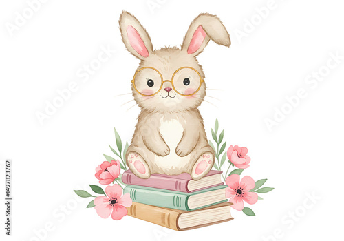 Adorable Watercolor Bunny with Glasses Sitting on Books and Flowers