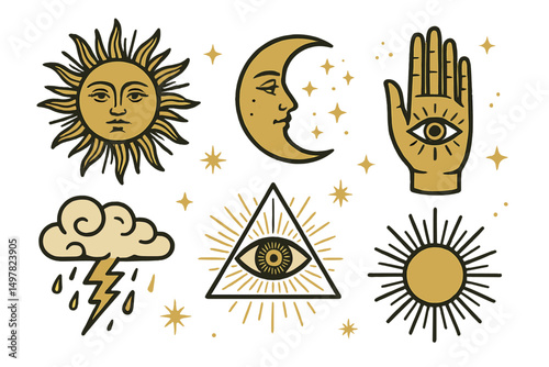 Decorative symbols of celestial elements featuring sun, moon, and mystical eyes in unique designs