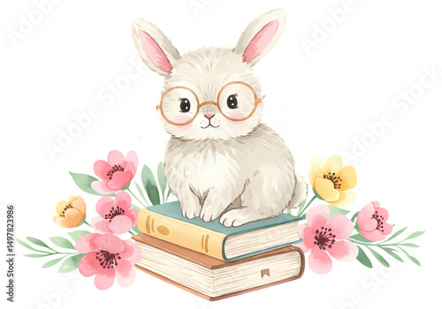 Adorable Watercolor Bunny with Glasses Sitting on Books and Flowers