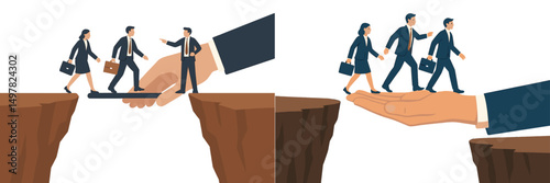 Business teamwork bridge crossing concept demonstrating support in overcoming challenges in a professional environment