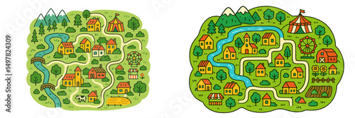 Map showing a village with houses, farms, and attractions in a colorful landscape during daylight hours