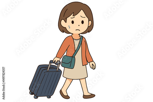 Woman walking with suitcase looking worried in a travel setting at an airport during daytime