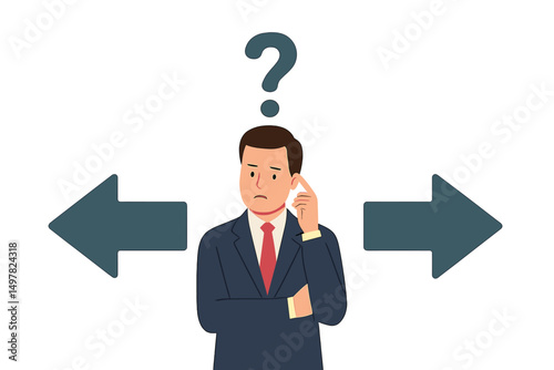 Man in business suit contemplating decisions with arrows pointing in different directions