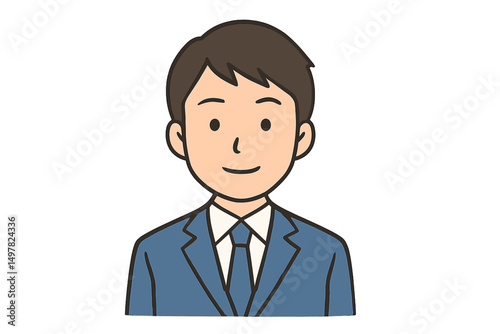 Young man in a blue suit with a light tie smiling confidently against a plain background at a casual business event
