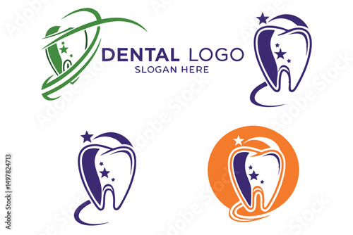 Modern Dental Clinic Logo Set with Tooth Symbol and Star Accents for Branding and Creative Design.