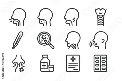 Illustration of various health-related icons depicting common symptoms and treatments for illnesses