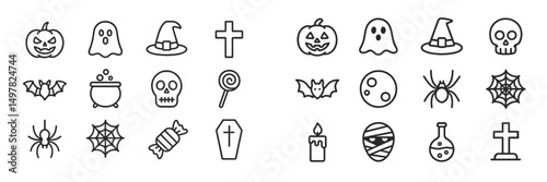 Halloween themed icons featuring ghosts, pumpkins, bats, and spooky elements for festive activities and decorations