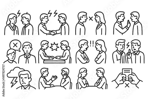 Illustrations of various communication scenarios depicting conflicts, resolutions, and interpersonal interactions in a business setting