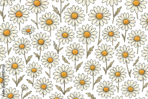 Flowers cover a seamless pattern featuring daisies in various stages of blooming on a light background