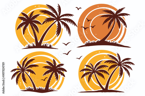 Tropical Sunset Palm Tree Silhouette Collection, Vector Illustration for Summer Vacation and Holiday Design.