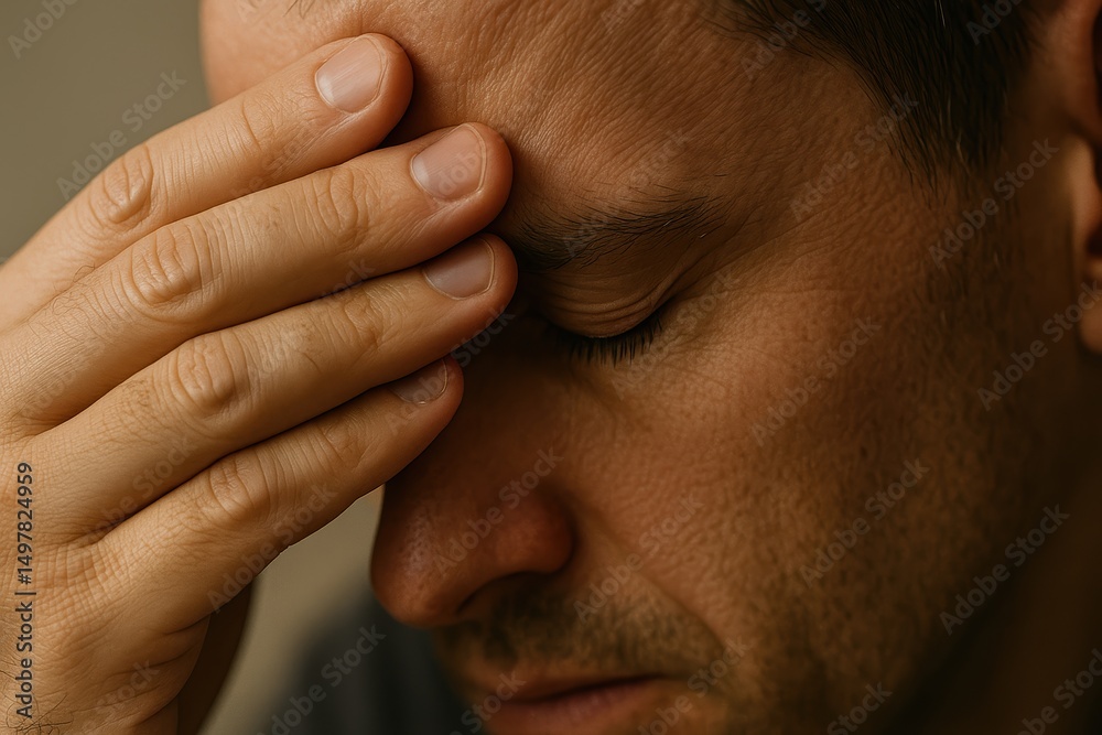 Fototapeta premium Man in deep thought with hand on forehead, expressing stress and contemplation in close-up shot