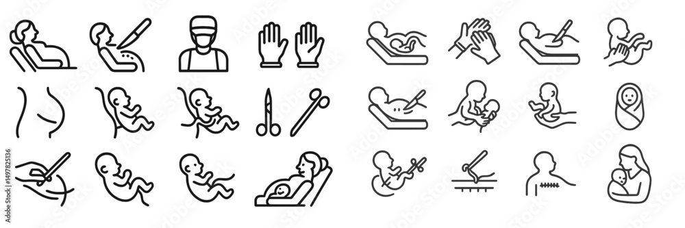 Fototapeta premium Medical symbols illustrating pregnancy, childbirth, and newborn care in a simple and informative style