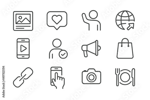 Icons representing digital communication and social media activities in a modern context