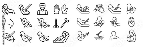 Medical symbols illustrating pregnancy, childbirth, and newborn care in a simple and informative style
