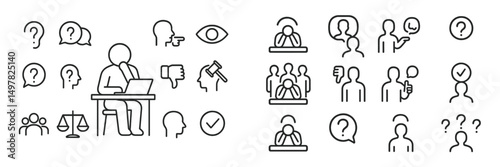 Conceptual illustration of various social interactions and emotions displayed through simple line drawings on a white background