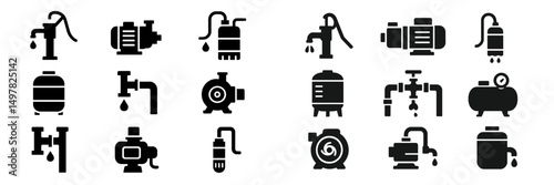 Collection of black and white water-related icons showcasing various types of pumps, faucets, and tanks