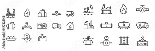 Oil and gas industry icons illustrating various processes and equipment in energy production and transportation