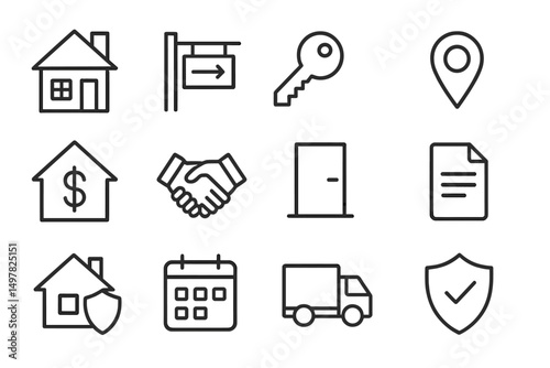 Symbols of real estate transactions highlighting key elements like houses, keys, agreements, and security measures