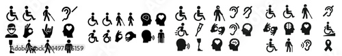 Symbols representing accessibility and inclusivity for various disabilities in a diverse urban setting