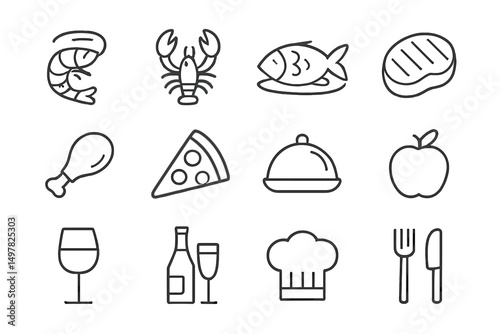 Collection of food icons showcasing seafood, meats, and dining elements in a minimalist style
