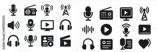 Collection of audio and video icons representing communication and media technology at the forefront of digital entertainment