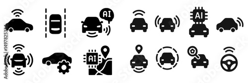 Icons depicting autonomous vehicles and artificial intelligence technology in transportation systems