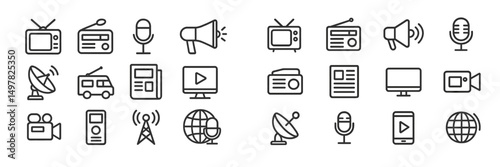 Collection of communication and media icons representing various broadcasting and recording tools