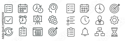 Collection of icons representing time management, productivity, and planning tools for efficient workflow